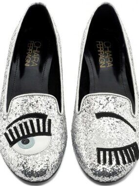 NWOT + Box Chiara Ferragni Glitter Argent Flat Shoes Silver size- 39